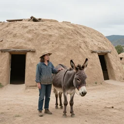 Taos New Mexico earthship, woman with donkey, Dutch masters