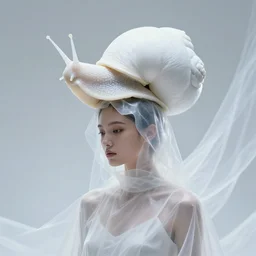 high fashion photography of a model with a huge white snail on her head, in neo futurism white sci - fi transparent cloth, beautifully lit