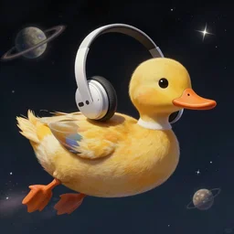 duck travels through space wearing airpods, highly detailed, digital painting, artstation, concept art, sharp focus, illustration, art by greg rutkowski and alphonse mucha