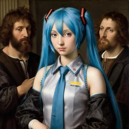 beautiful renaissance painting portrait of hatsune miku blue straight long hair by sandro botticelli, jan van eyck, tiziano vecelli, piero della francesca