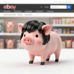 Fine Image on the store website, eBay, Full body, 80mm resin figure of a a pig with black hair and long pixie haircut in shorts with suspenders and white t-shirt, Environmental light from the front, dark background