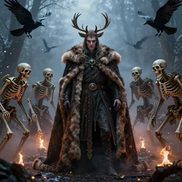 ultrarealistic portrait of a cursed king dressed in a deer fur cloak, surrounded by skelleton minions and ravens, with sparks and ashes in the air, torches in the floor, cinematic epic scene, wide view, winter light, detailed, 8 k, trending on cgi society, alfonse mucha, corradini and belkinsk, volummetric light