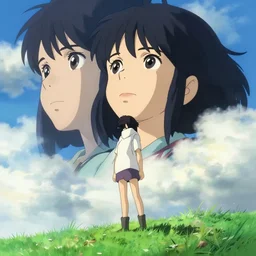 a full body girl looking in the sky surrounded by clouds, finely detailed features, closeup at the faces, perfect art, green lawn, gapmoe yandere grimdark, trending on pixiv fanbox, painted by ilya kushinov makoto shinkai takashi takeuchi studio ghibli, akihiko yoshida,