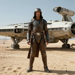 Bossk standing in front of his ship on tatooine, movie still, cinematic