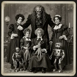 vintage photograph monochrome plate, monstrous mutant victorian family of cenobite people posing with squid and robots, distressed old photo, slight sepia tone