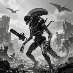 prometheus movie monster, xenomorph, highly detailed background, black and white, unkown city, haze, landscape, castle, 4 k, photograph, tentacles, chainsaw, manta ray, leviathan, distant mountains, clouds, rock formation, impossible