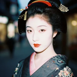 medium format analog film blur street night flash photography close up portrait of geisha, 1 9 6 0 s hasselblad film street photography, featured on unsplash, expired vintage color film photography