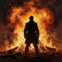 high quality high detail painting by ilya repin, silhouette of man standing in front of an epic fire and explosions, war, hd