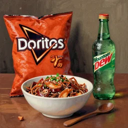 Realistic still life of a bowl of doritos, mountain dew, by Fantin-Latour, 1866,