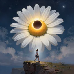 giant white daisy flower blooming as a head, girl walking on cliff, surreal photography, solar eclipse, stars, dramatic light, impressionist painting, clouds, digital painting, artstation, james gilleard, liam wong, jeremy mann, simon stalenhag