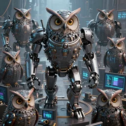 an army of evil, malevolent, giant cyborg owls surrounded by computers and computer screens. this 4 k hd image is trending on artstation, featured on behance, well - rendered, extra crisp, features intricate detail and the style of unreal engine. volumetric lighting octane render