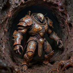 airbrush macro insect embryo larval parasite viscera | as god |, carapace rust chaos dystopic armor, wedged in necrotic sewer tunnel, chris foss, enric torres, alberto bontempi, feng zu hyper realism, narrative light, muted colors, epic veined, hyper detailed, awe inspiring, award winning horror, torch lighting, hyper realism, cinemat