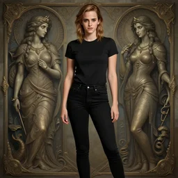 photography emma watson wearing black tight jeans and black tight tshirt, curvy, attractive, beautiful detailed face, whole body photography, deep focus, d & d, fantasy, complex, elegant, highly detailed, digital painting, artstation, concept art, matte, clear focus, illustration, hearthstone, artgerm art, greg rutkovsky and alphonse mucha