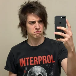 A photograph of Jerma in the late 2000s with an emo haircut taking a selfie of himself in his new Interpol shirt, frowny face, taken in the late 2000s, taken on the iPhone 1, realistic, hyperrealistic, very realistic, highly detailed, very detailed, extremely detailed, detailed, oil painting, digital art, trending on artstation