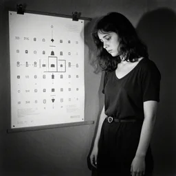 sad girl standing by herself, dark lighting, black and white, traditional artwork, thematic apperception test, psychometric, in the style of normal rockwell