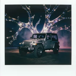 abstract grainy polaroid of an itasha Jeep surrounded by massive floating transparent liquid branching off and refracting, neon night, cinematic, refraction, octane render, photorealistic, dark, atmospheric, insanely detailed, lights and shadows