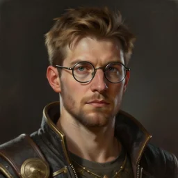 a _ fantasy _ style _ portrait _ painting _ of caucasian male short hair glasses stubble light brown hair, rpg dnd oil _ painting _ unreal _ 5 _ daz. _ rpg _ portrait _ extremely _ detailed _ artgerm _ greg _ rutkowski _ greg
