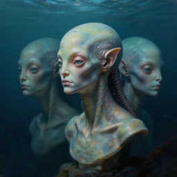 three quarter view, aquatic extraterrestrial portrait, whole bust, 3/4 view, gills, underwater, dramatic lighting, painted by andreas rocha