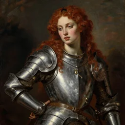 sultry young redhead wearing armour, seductive pose, portrait, oil painting by titian, hard focus