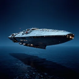 a spectacular view of the mothership from close encounters of the third kind hovering over the sea at night, cinematic, hyperrealism, science fiction, beautiful, 7 0 mm