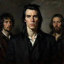 a portrait of nick cave, masterpiece, dramatic lighting, painting by caravaggio and ruan jia and jakub rebelka and giger