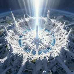 a highly detailed matte painting of retro futurist fantasy city built around a crater lake, meteor crater in the center, shining white city, aerial photography, ultrawide lens, by dan mumford, yusuke murata, makoto shinkai, ross tran, cosmic, heavenly, god rays, intricate detail, cinematic, 8 k, cel shaded, unreal engine, featured on artstation, pixiv