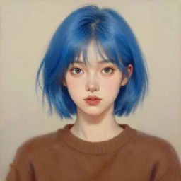 beautiful woman with short blue hair, big brown eyes, wearing a brown sweater, oil painting