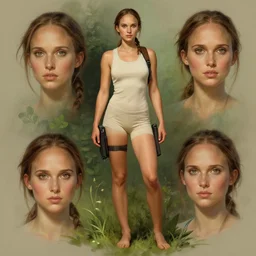 ultra realistic entire body and head illustration, young natalie portman as lara croft in nature, bare feet, brown hair, intricate, elegant, highly detailed, digital painting, artstation, concept art, smooth, sharp focus, illustration, art by artgerm and greg rutkowski and alphonse mucha