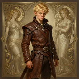 an epic fantasy comic book style full body portrait painting of a young blonde boy who is over confident, wearing plain brown leather thief clothes, d & d, fantasy, intricate, elegant, highly detailed, digital painting, artstation, concept art, matte, sharp focus, illustration, art by artgerm and greg rutkowski and alphonse mucha