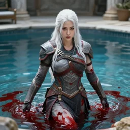lee jin - eun with white long hair in high - end damaged battle suit emerging from pool of blood in god of war 4 game set in ancient italy by peter andrew jones and conrad roset, rule of thirds, seductive look, beautiful