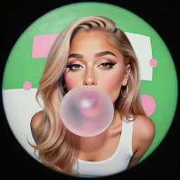 ariana grande portrait painting, matte painting : 5 marijuana, bubble gum, hard edges, green white and pink, geometric shapes, fisheye lens, sexy, by sachin teng : 6