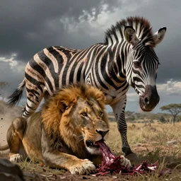 A Zombie Zebra eating a lion digital illustration  design by, Mark Brooks and Brad Kunkle detailed, gorgeous lighting, wide angle action dynamic portrait