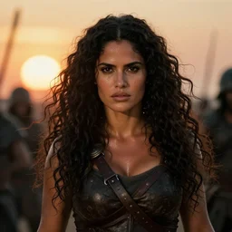 epic photo of muscular salma hayek as beautiful barbarian warrior princess with long curly black hair blowing in the wind in a battle scene, sweaty, detailed eyes, neutral expression, shallow depth of field, photorealistic, cinematic lighting, lovely bokeh, low contrast, underexposed, warm colours, sunset east, movie quality, match color conan the destroyer 1 9 8 5, movie still