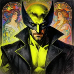 wolverine starring into the camera, fixed eyes, flowing black coat with glowing neon yellow, colorful, surreal, dramatic lighting, face, detailed, intricate, elegant, highly detailed, digital painting, artstation, chalk, concept art, smooth, sharp focus, illustration, art by sam spratt, dan mumford, artem demura and alphonse mucha