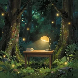 A small desk with desklamp in the middle of a forest, floating lights, magical, by Studio Ghibli