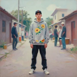 still from music video of liu wen from die antwoord standing in a township street, wearing a hoodie and flowers, street clothes, full figure portrait painting by martine johanna, ilya kuvshinov, rossdraws, pastel color palette, 2 4 mm lens
