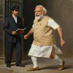 neoclassical portrait of stoned tripping narendra modi as a watchman, gatekeeper, by jacques - louis david, by greg rutkowski, trending on artstation, featured on pixiv, masterpiece, oil on canvas, cinematic composition, beautiful lighting,