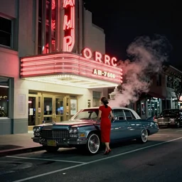 color street view in america of market district at night. woman in red dress entering a cadillac parked outside an art deco cinema, from 1 9 7 6, california. scorsese, wes anderson, kodachrome, fred herzog. small steam from vents lit by neon signs. 5 0 mm lens. detailed sharp photograph shot on hasselblad medium format cinestill film