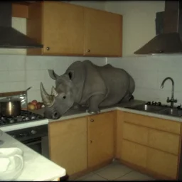 a rhinoceros in a stalinist style kitchen, by mini dv camera, very very low quality, heavy grain, very blurry, accidental flash, webcam, caught on trail cam