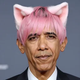 a pale Barack Obama with pink hair and cat ears, bang covering one eye\' 2494445849