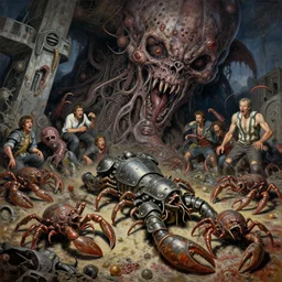 oil painting varied filthy rugated drag race fail, armored crustaceans clawing & terrified as massive brutalist structure, claustrophobic, evil, cilia sporing pox, evil, clustered horror, by virgil finlay, vincente b ballestar, by francesco blanc, geof darrow, bisley, & by jack gaughan high resolution, hyper detailed