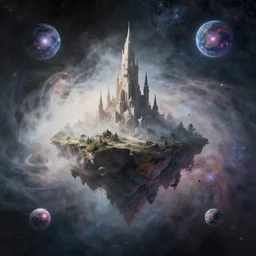 a concept matte painting of a singular floating island castlee, levitating across interstellar space in a misty pearlescent nebula by ross tran situated in a starry expanse of bioluminescent cosmic worlds by beksinski and beeple, flying citadel with towers, trending on artstation.