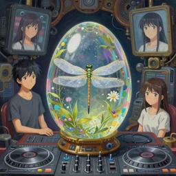 surreal gouache painting, by yoshitaka amano, by ruan jia, by Conrad roset, by good smile company, detailed anime 3d render of transparent resin egg   with a  magical dragonfly inside. Surrounded by a big DJ Mixer, deck,  portrait, cgsociety, artstation, rococo mechanical and Digital  and electronic, dieselpunk atmosphere