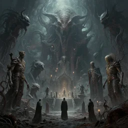 a highly detailed matte painting of lovecraftian cosmic horror scenery filled with eldritch creatures and beasts and cultists, by artgerm, by wlop, by greg rutkowski, volumetric lighting, octane render, 4 k resolution, trending on artstation, masterpiece