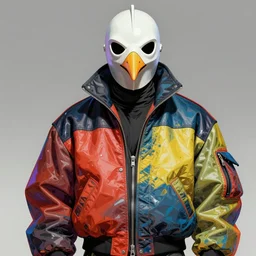 illustration of model in plastic bird mask wearing baggy colorful 9 0 s rick owens jacket by frank frazetta. sci fi book cover. - c 1 0