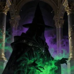 a close - up view portrait of a silhouetted supernatural wizard in baroque neoclassicist halls with metallic alien technology. close - up view, detailed textures. glowing green and purple fog, dark black background. highly detailed fantasy science fiction painting by moebius, norman rockwell, frank frazetta, and syd mead. rich colors, high contrast