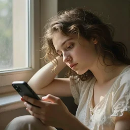 it's morning in the house, by the window. a tired young woman with messy hairstyle is texting on her smartphone. sunlight is beautifully lighting the face. depth of field, in the sun, backlit, closeup, oil on canvas, art by botticelli 1 4 9 9, in the style of the birth of venus, smooth, renaissance, florentine painting, 8 k