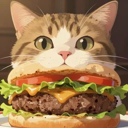 full close up image burger food with cat, cat face, close up, full image, food, burger, hamburger, tasty look, artstation, style of jesper ejsing, by rhads, makoto shinkai and lois van baarle, ilya kuvshinov, rossdraws