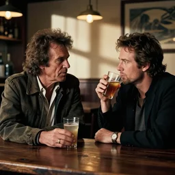 stevie ray vaughan having a drink with john mayer in a tabern, real picture