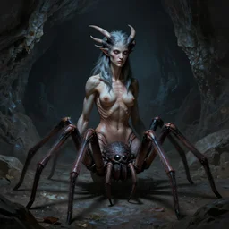 female drider with a human torso coming out of a spider body sitting in a dark cave, ultra detailed, high fantasy, monster, creature design, dnd, d & d, stan winston, concept art, octane render, 8 k, moody lighting, muted colors, blue tone light, dramatic lighting, john singer sargent, matte painting